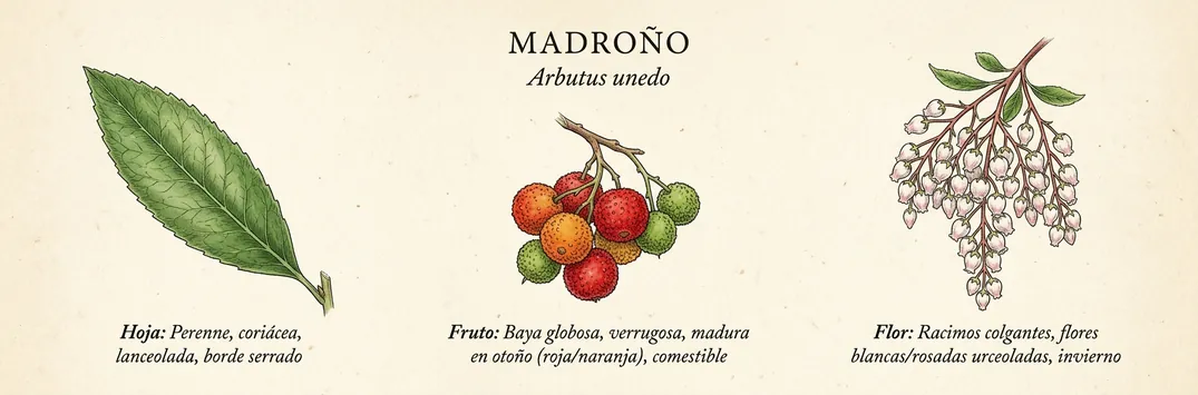 Hoja, fruto y flor de madrono