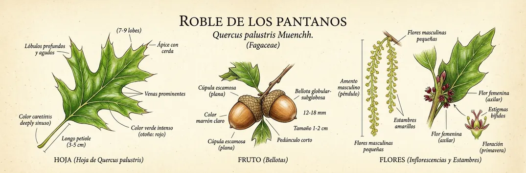 Hoja, fruto y flor de roble de los pantanos