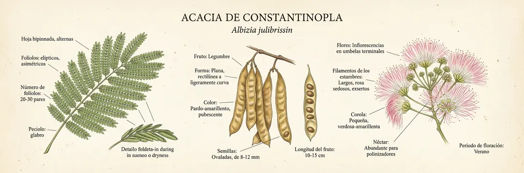 Hoja, fruto y flor de acacia de constantinopla