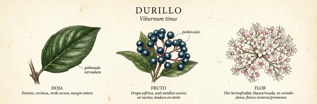 Hoja, fruto y flor de durillo