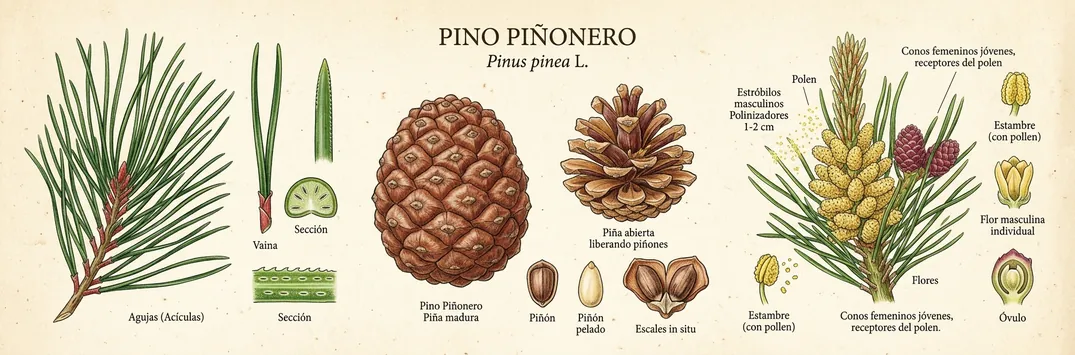 Hoja, fruto y flor de pino pinonero