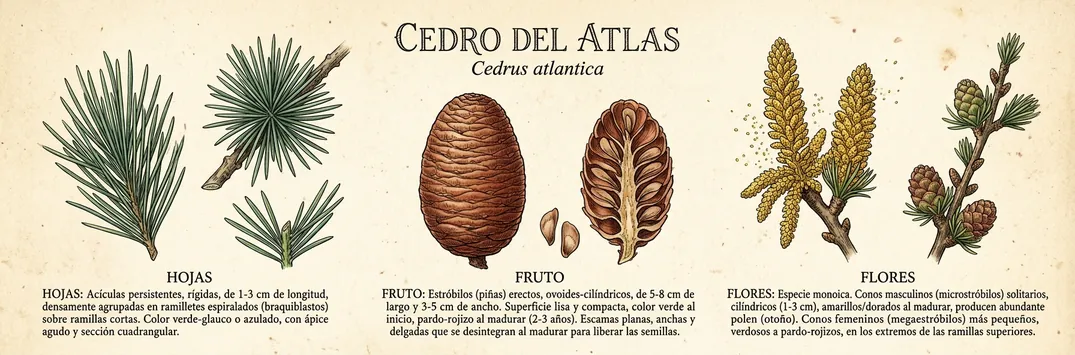 Hoja, fruto y flor de cedro del atlas