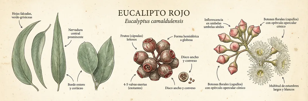 Hoja, fruto y flor de eucalipto rojo