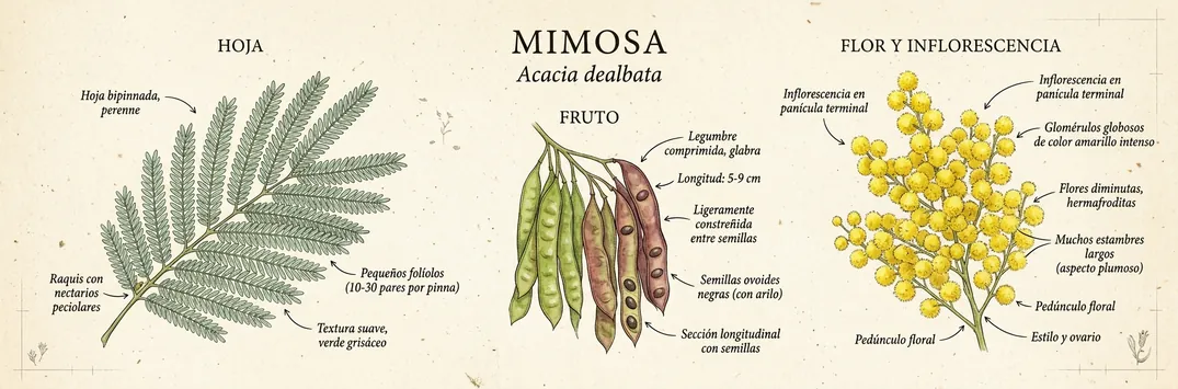 Hoja, fruto y flor de mimosa