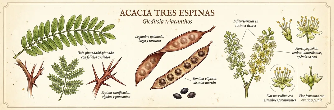 Hoja, fruto y flor de acacia tres espinas