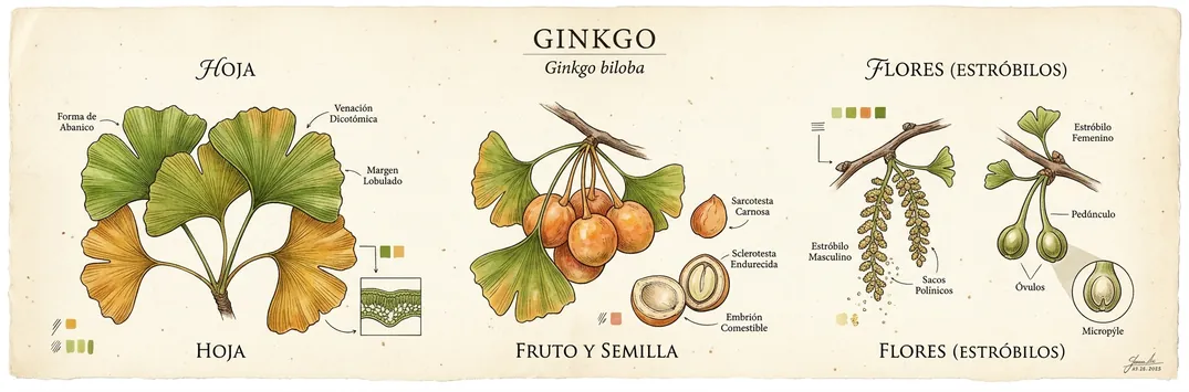 Hoja, fruto y flor de ginkgo