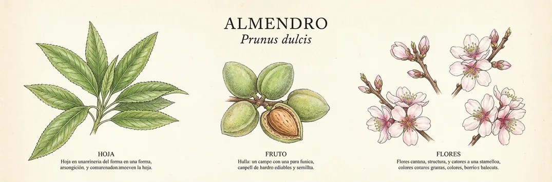 Hoja, fruto y flor de almendro