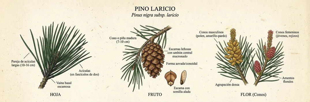 Hoja, fruto y flor de pino laricio