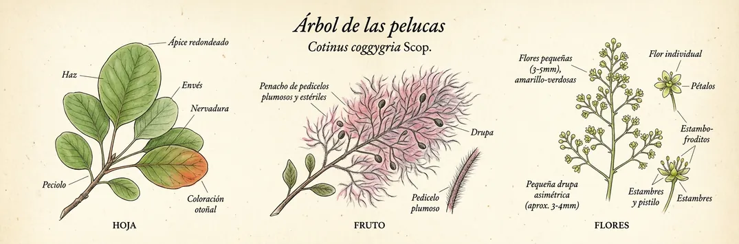 Hoja, fruto y flor de arbol de las pelucas