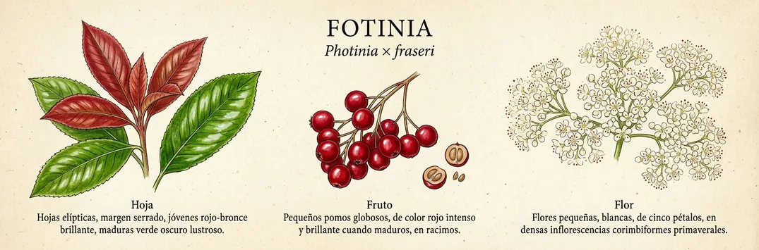 Hoja, fruto y flor de fotinia