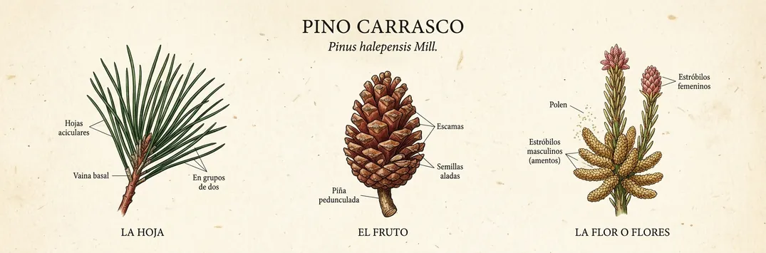 Hoja, fruto y flor de pino carrasco