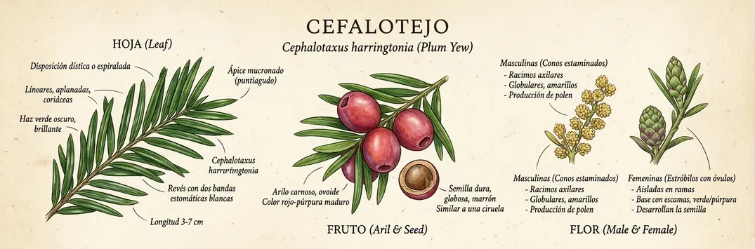 Hoja, fruto y flor de cefalotejo