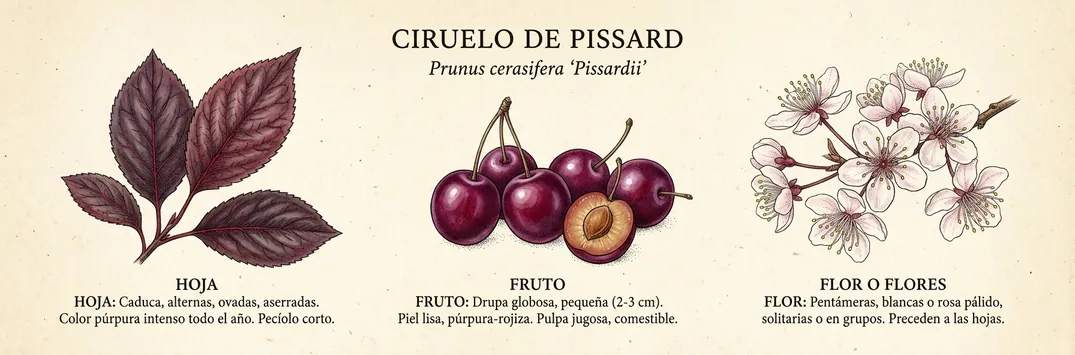 Hoja, fruto y flor de ciruelo de pissard
