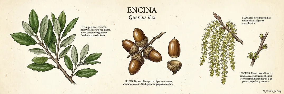 Hoja, fruto y flor de encina
