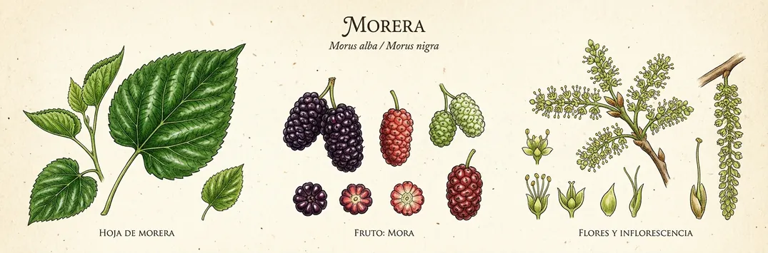 Hoja, fruto y flor de morera