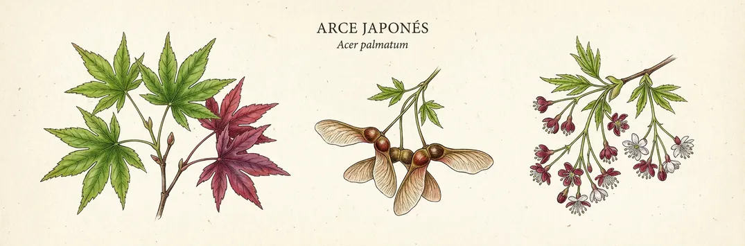 Hoja, fruto y flor de arce japones