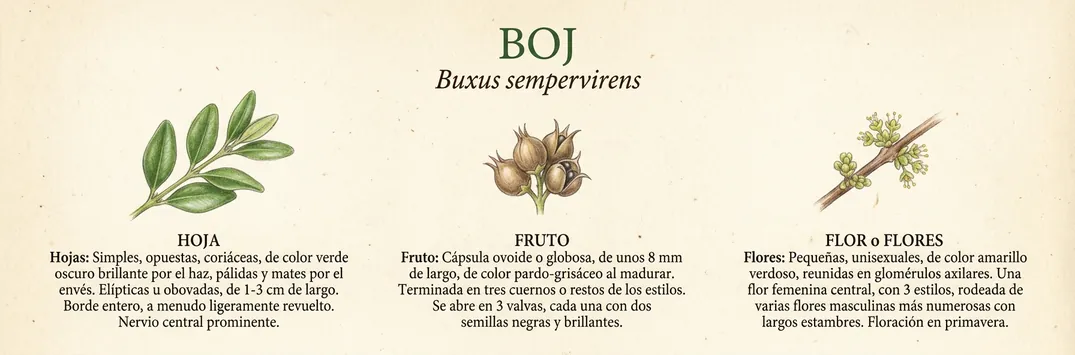 Hoja, fruto y flor de boj