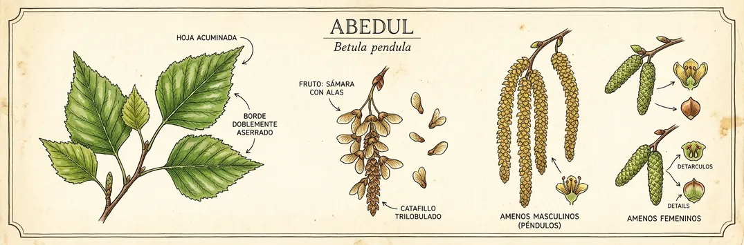Hoja, fruto y flor de abedul