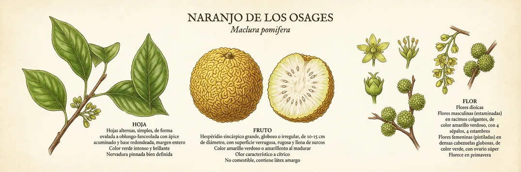 Hoja, fruto y flor de naranjo de los osages