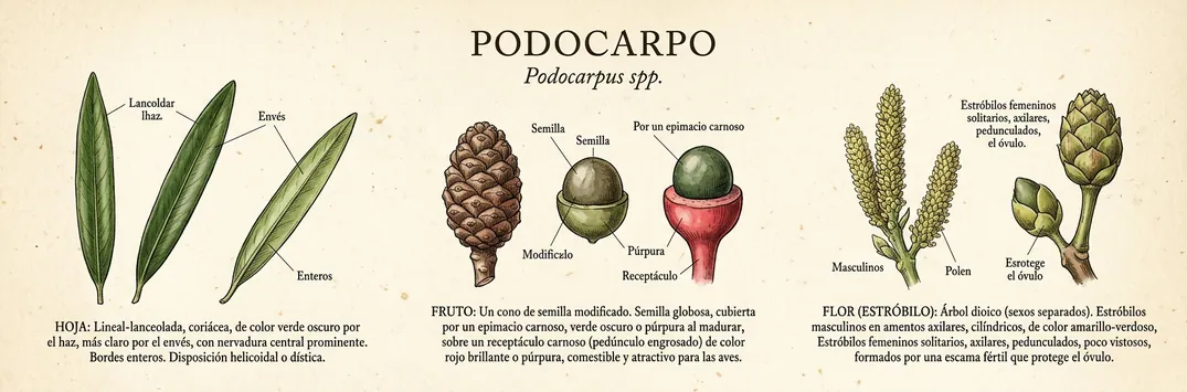 Hoja, fruto y flor de podocarpo