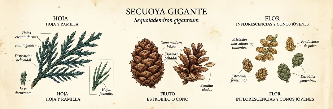 Hoja, fruto y flor de secuoya gigante