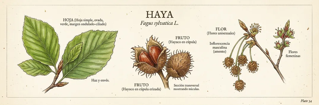 Hoja, fruto y flor de haya