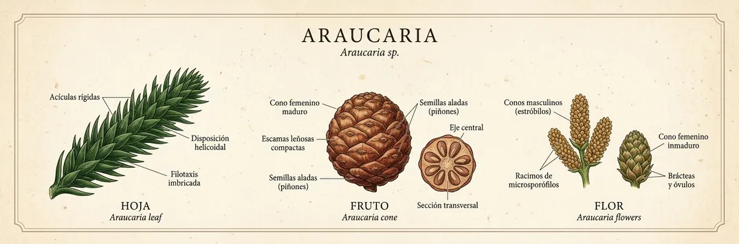 Hoja, fruto y flor de araucaria