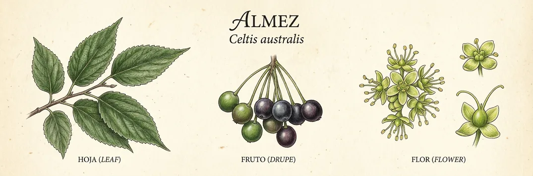 Hoja, fruto y flor de almez