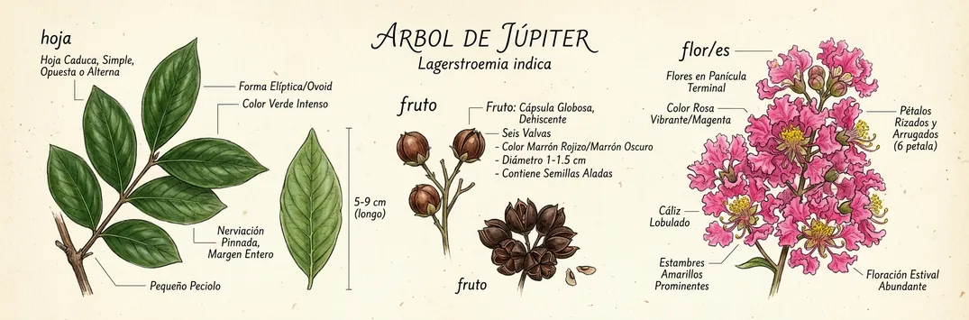 Hoja, fruto y flor de arbol de jupiter