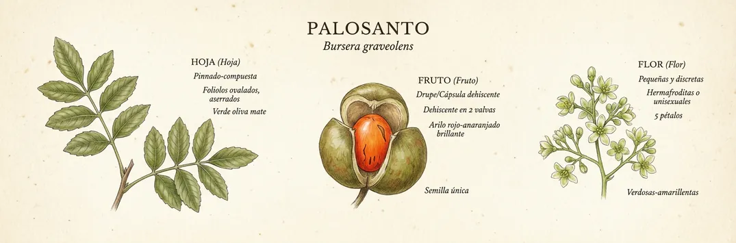 Hoja, fruto y flor de palosanto