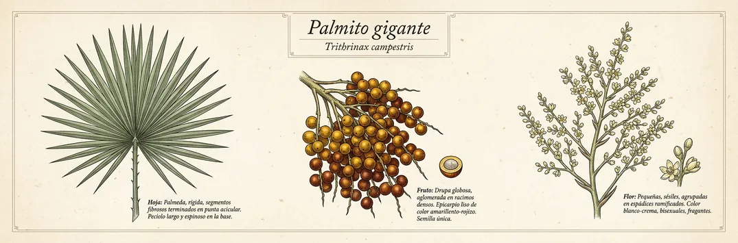 Hoja, fruto y flor de palmito gigante