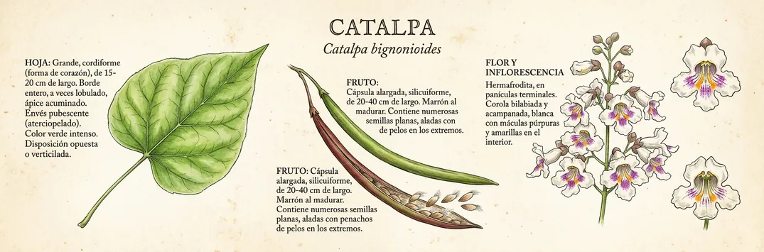 Hoja, fruto y flor de catalpa