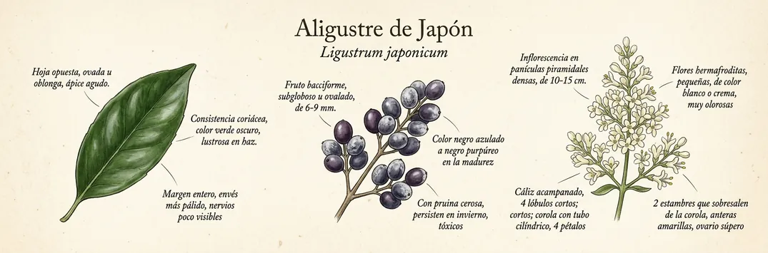 Hoja, fruto y flor de aligustre de japon