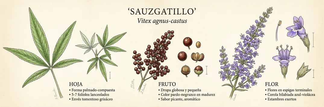 Hoja, fruto y flor de sauzgatillo