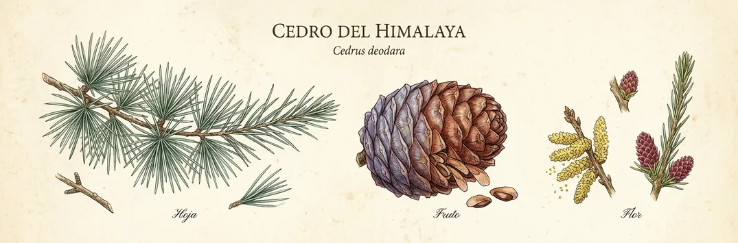 Hoja, fruto y flor de cedro del himalaya