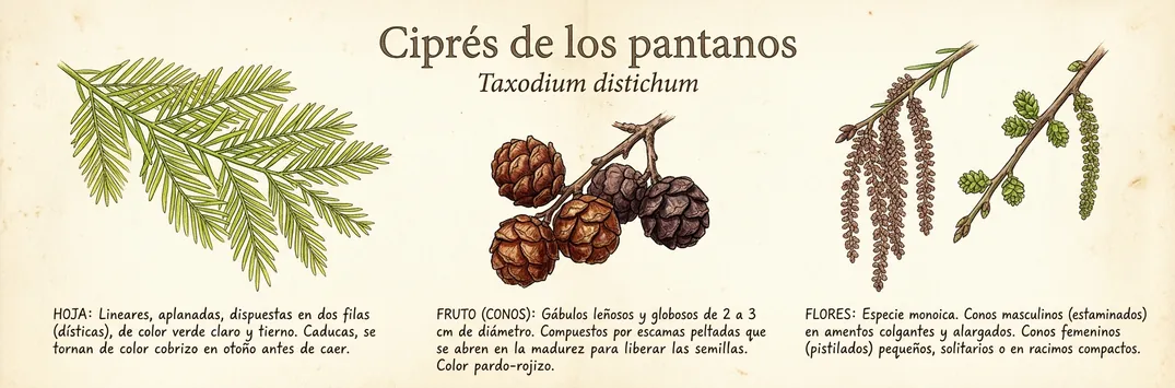 Hoja, fruto y flor de cipres de los pantanos