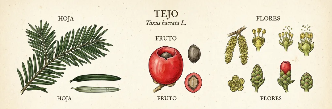 Hoja, fruto y flor de tejo