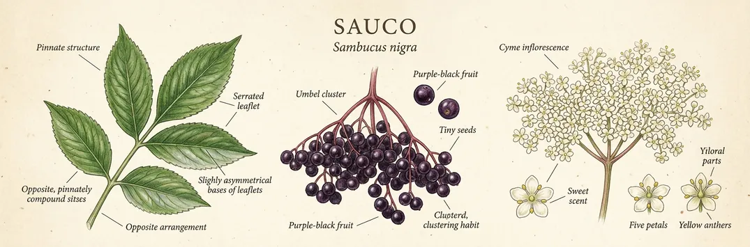 Hoja, fruto y flor de sauco
