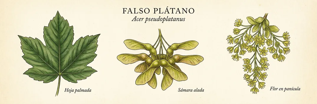 Hoja, fruto y flor de falso platano