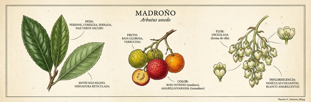 Hoja, fruto y flor de madrono