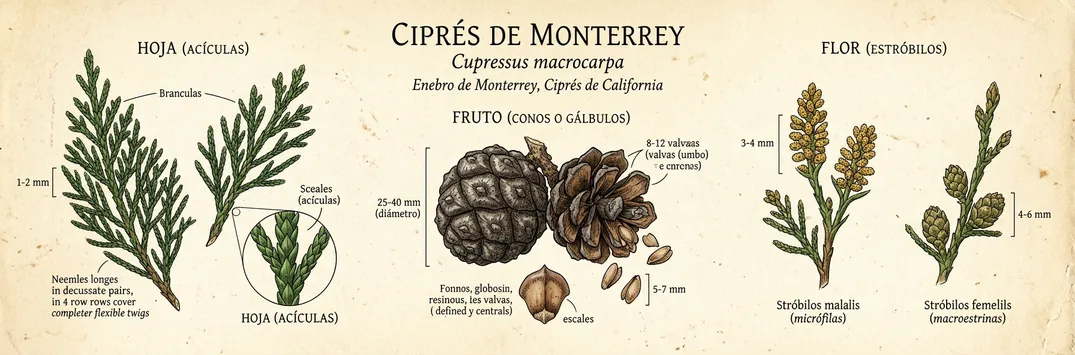 Hoja, fruto y flor de cipres de monterrey