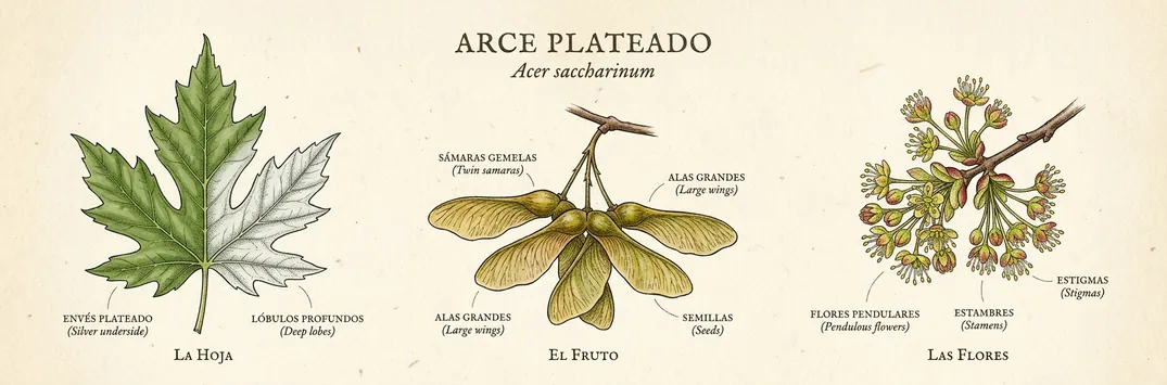 Hoja, fruto y flor de arce plateado