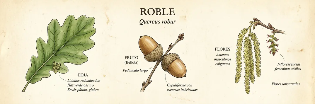 Hoja, fruto y flor de roble