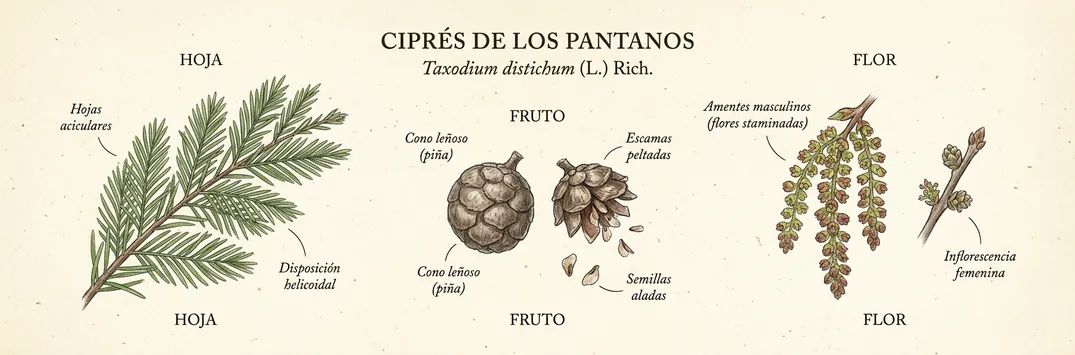 Hoja, fruto y flor de cipres de los pantanos