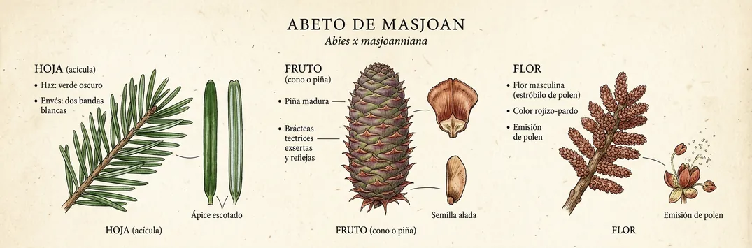 Hoja, fruto y flor de abeto de masjoan