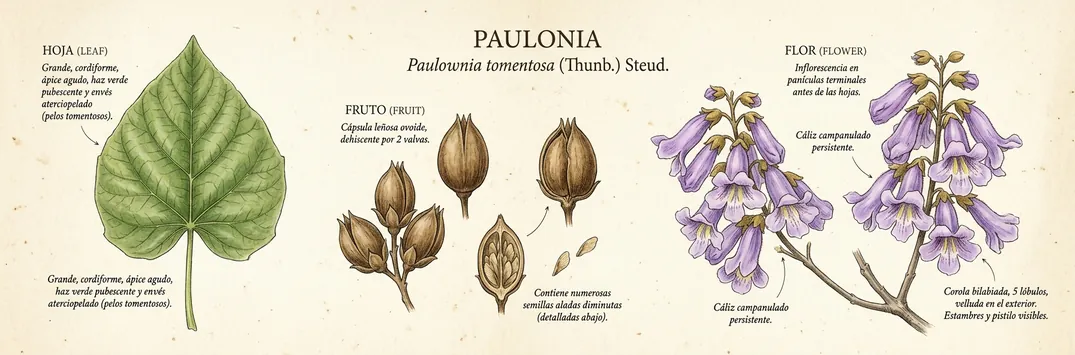 Hoja, fruto y flor de paulonia
