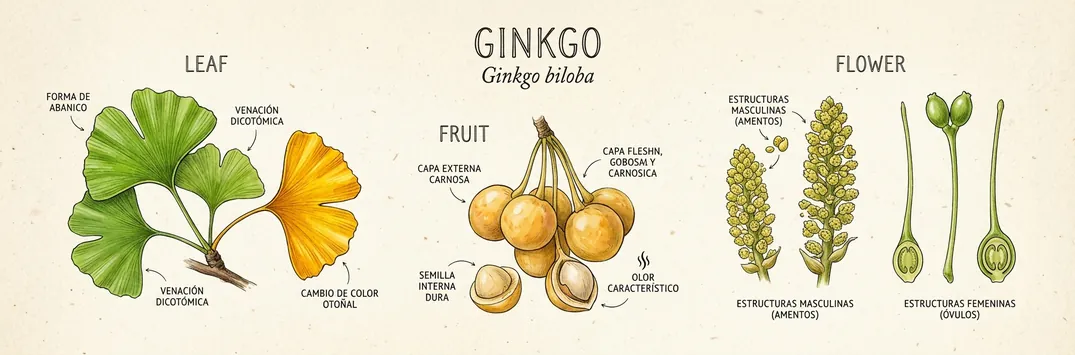 Hoja, fruto y flor de ginkgo