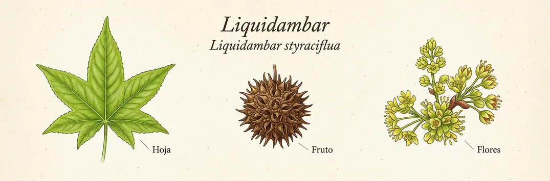 Hoja, fruto y flor de liquidambar