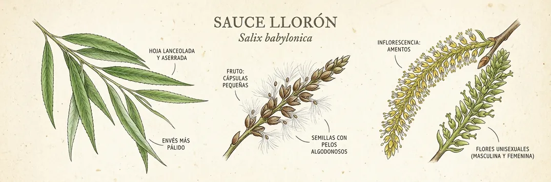 Hoja, fruto y flor de sauce lloron