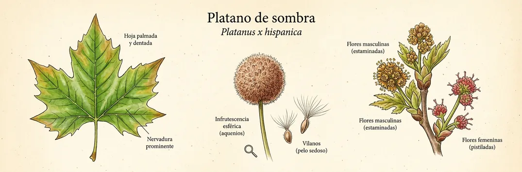 Hoja, fruto y flor de platano de sombra